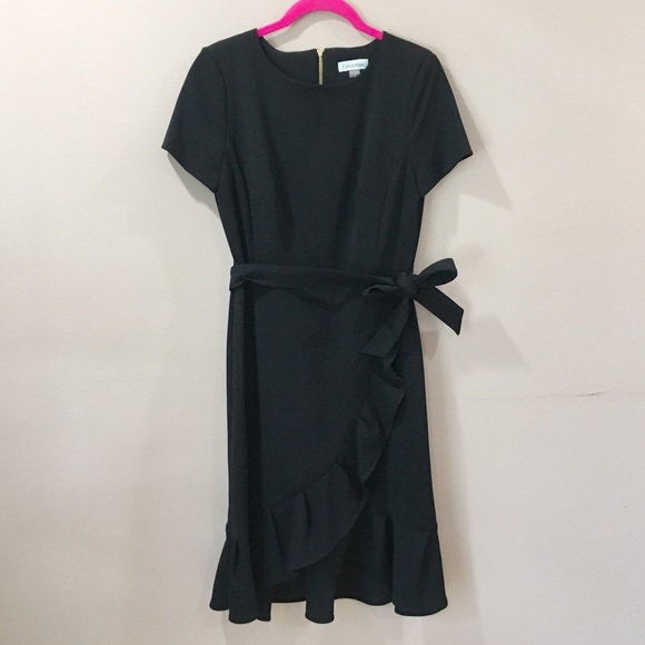 CALVIN KLEIN Womens Black Crepe Stretch Belted Ruffle Faux Wrap Dress Size 4 - Picture 1 of 8